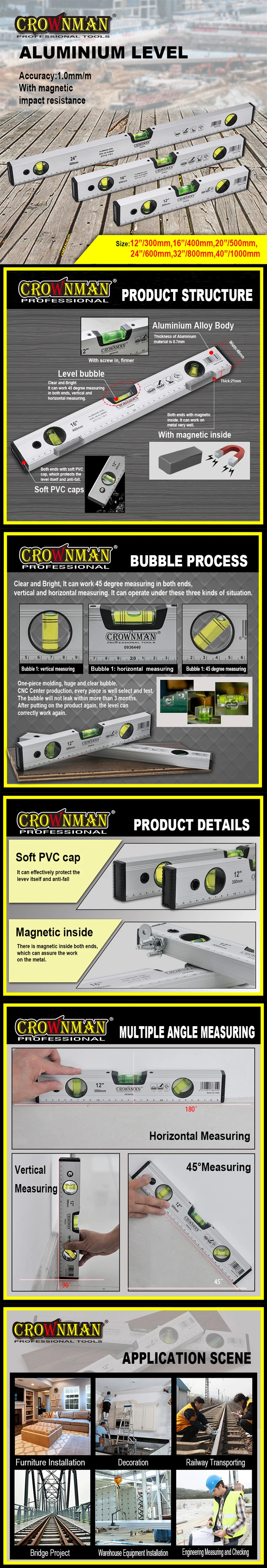 Crownman Aluminium Alloy Spirit Level with 1mm/M Precision for Measuring Use